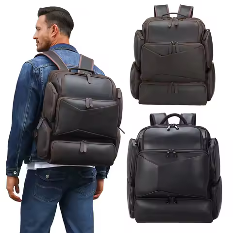 Man's Travel Backpack Genuine Leather Fit 17" Laptop Daypack Cow Leather School Backpack for College