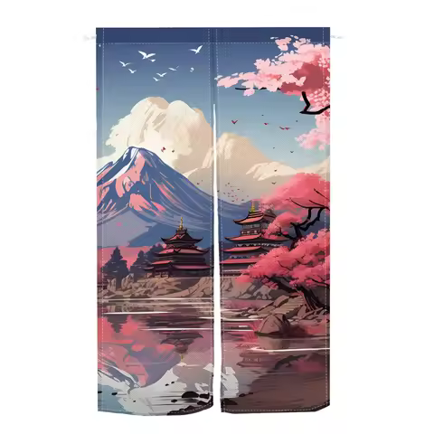 Japanese Mount Fuji Sakura Noren Split Door Curtain River Tower Landscape Doorway Curtains for Kitch