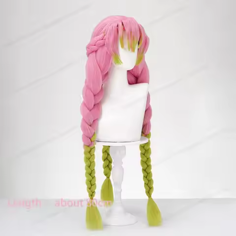 Anime Mitsuri Kanroji cosplay synthetic wig 80cm long pink green heat-resistant braided hair for wom