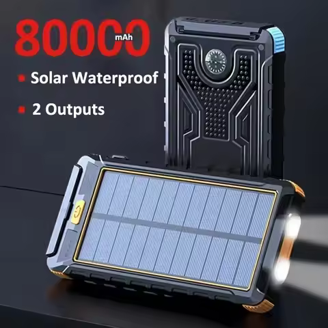 Solar Fast Charging Power Bank Portable 80000mAh Charger Waterproof External Battery Flashlight For 