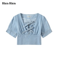 Rien Rien Short ผ้าฝ้าย เดนิม เสื้อเชิ้ตแขนฟอง ทรงสี่เหลี่ยม ปกเสื้อ ดีไซน์ Aimee เสื้อท่อนบน ผู้หญิ