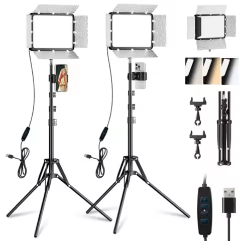 LED Video Light Kit with Phone Holder and Barndoor 2800-7000K Dimmable Studio Lights for Video Recor