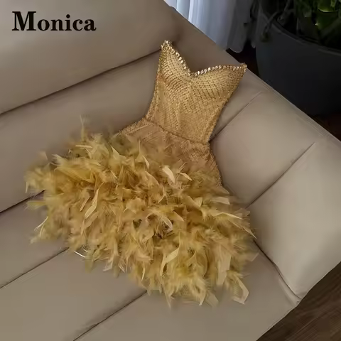 MONICA Luxury Feathers Short Cocktail Dresses for Teens Sweetheart Rhinestones Homecoming dress Vest