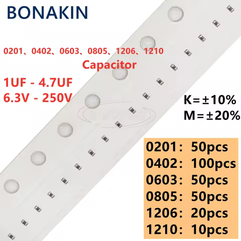 0201 0402 0603 0805 1206 1210 SMD Capacitor 1UF 2.2UF 4.7UF 6.3V 10V 16V 25V 35V 50V 100V 200V 250V 