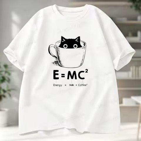 New Fashion T Shirt Cute Cat E=MC2 Milk Coffee Short-sleeve T-shirt Unisex Funny Science Cat Graphic