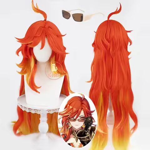 Genshin Impact Mavuika Cosplay Wig Sunglasses Red Yellow Long Hair Natlan Halloween Party for Women 