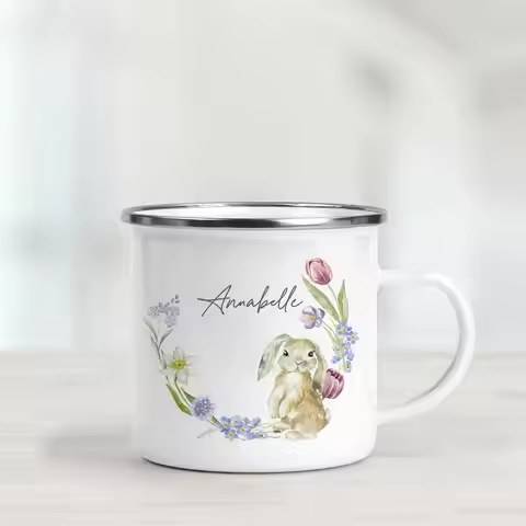 Personalised Kids name Spring Bunny Enamel Mug children birthday Gift Milk Cup home tea mug