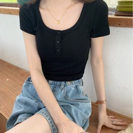 【WJZ】Women's Korean Designer Solid Fit Button Short Sleeve Knit Top【5796】