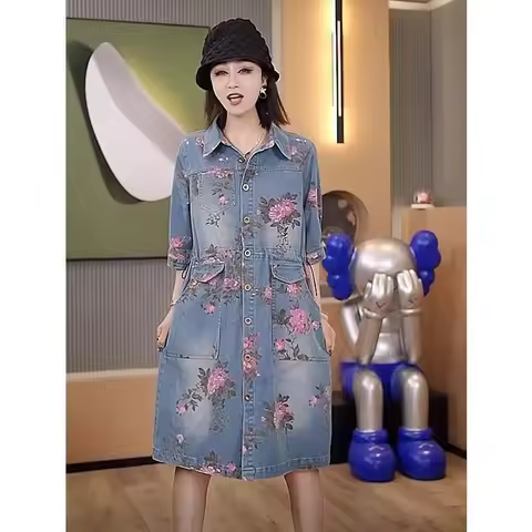 Denim Dress Women's 2024 Summer New Fashion Temperament Casual Denim Dresses Ladies Loose Jean Dress