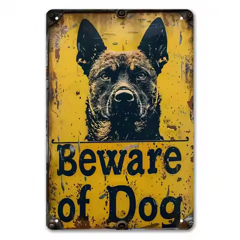 Vintage Beware of Dog German Shepherd Metal Sign Rustic Weathered Wall Decor Yellow Orange Waterproo