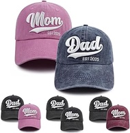 2PCS Mom and Dad EST 2025 Hat, Adjustable 3D Embroidered New Parents Gifts Baseball Cap