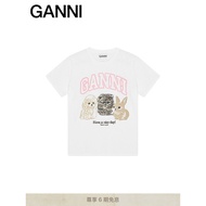 Ganni Women's White Animal Print Round Neck Short Sleeve T-shirt
