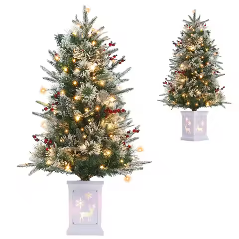 Pre-Lit Snow-Flocked Mini Artificial Christmas Tree 3ft Tabletop/Potted 78 Warm White LEDs 8 Lightin
