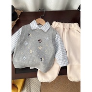 Children s Spring and Autumn Suit 2025 New Boys 39 Plaid Shirt Cartoon Sweater Vest Leg Trendy Three