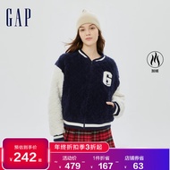 Gap女装冬季2022新款LOGO软毛珊瑚绒夹棉外套506199复古棒球服 藏蓝色 170/96A(M)