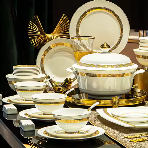 Fine Bone China Dinnerware Sets Home Kitchen Luxury Guests Wedding Tableware Set Gold Plates Jogo De