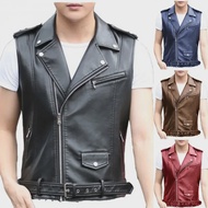 2022 Punkสไตล์ผู้ชายSlim Fit BikerแขนกุดPUหนังเสื้อกั๊กแฟชั่นลําลองBackless Zipper Jacketสําหรับชาย