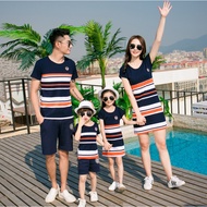 Stripe Family Matching Outfits Men Boy T-shirt Couple Set Clothes Women Girl Dress Boy Short Pants