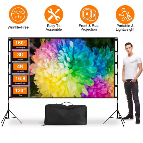 120" Portable Projector Screen with Stand, Foldable & Anti-Crease, HD 4K Movie Screen for Outdoor/In