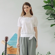 [CUMAR] Puff Sleeve Tie Knot Embroidered Cotton Top White