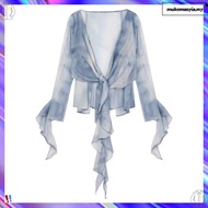 (Fashion_2)  Glamorous Blouse Tie Dye Contrast Mesh Front Frill Blouse for Women L106AD939