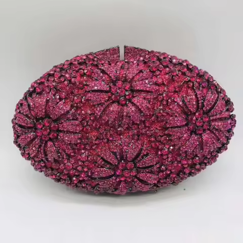 WHTUOHENG Oval Shape Fuchsia Diamond Floral Evening Clutch Women Pink/Purple Rhinestones Flower Girl