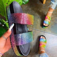 KT1 large size women's shoes summer new thick bottom colored diamond one word beach slippers fashion