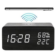 LED Wooden Electronic Clock Rechargeable Clock Wireless Charging Alarm Clock Digital Wooden Clock
