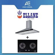 ELLANE EH-6180 90CM STAINLESS STEEL CHIMNEY HOOD + ELLANE WG-2SV 80CM 2 BURNER GLASS GAS HOB WITH SA