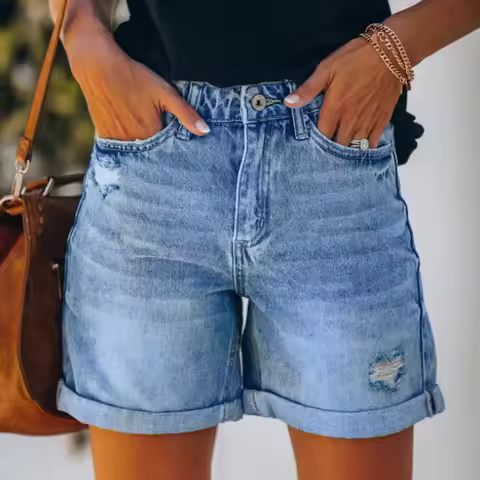 High Waist Ripped Pocket Design Solid Skinny Stretchy Denim Shorts Women Casual Ripped Stretchy Cuff