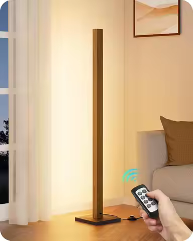Modern Dimmable Wood LED Floor Lamp with Remote, 7 Color Temperatures for Living Room, Bedroom, Offi