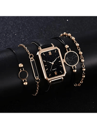 1支黑色pu皮革表帶方形指針石英錶和4入組精美時尚女士珠寶手鐲,適合於舞會派對禮物