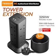 TESSAN - SG Safety Mark, Black Extension Cord Tower,  USB Type C Surge Protector Multi Plug Socket