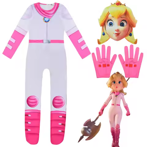 Pink Peach Jumpsuit with Mask Gloves Mario Bodysuit for Halloween Carnival Party Dress Up Outfits