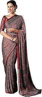 Women's Multicolor Crepe Ajrak Printed Saree with Unstitched Blouse Piece(MOHAR201A_HS11_Parent)