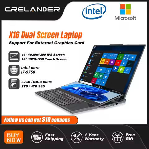 CRELANDER Dual Screen Laptop 16 Inch 2K + 14 Inch Touch Screen intel core i7-9750 64GB RAM Zenbook D