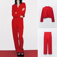 Za Autumn New Style Women's Red Lapelless Short Blazer 8039178 High Waist Straight Pants 7980117