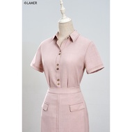 Áo sơ mi nữ ngắn tay cổ đức diễu chỉ phối chân váy bút chì dáng dài VIEN TRAN V61H24H003 V61H24H003