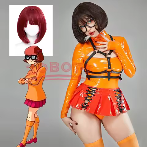 Anime Velma Cosplay Costume Women Lingerie Orange Chest Open Bodysuit And Lace-up Mini Skirt With So