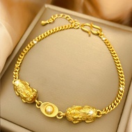 Gelang Feng Shui Pixiu Emas Asli 24K Gelang Tangan Gelang Keberuntungan Gelang Pixiu Obsidian Hitam