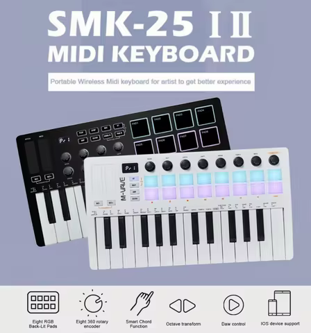 M-VAVE SMK-25 II MIDI Pad Controller Keyboard USB Mini 25 Key 16 RGB Drum Pads 8 Knobs and Music Pro