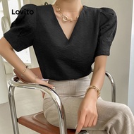 Lovito Casual Blouse Pleated Good Texture Spring/summer Black Blouse for Women L137LD435 Lovito Blus
