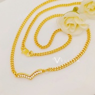 [VJ]Cop916 Necklace “V Shape Zircon” Choker 999.9 Gold Plated L:45cm <Rantai Leher V Shape>