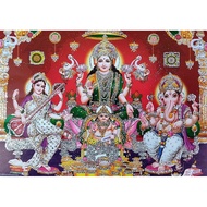 Lakshmi Ganesha Saraswati Poster Reprint Diwali Pujan Hindu Goddess Picture with Glitter