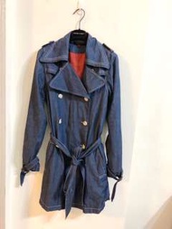專櫃品牌丹寧藍雙排扣腰綁帶長版牛仔風衣外套