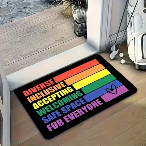 Rainbow Block Letter Non-Slip Doormat - Inclusive "Diversity Accepting Welcoming" Message with Heart