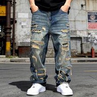 กางเกงยีนส์ทรงตรงกระเป๋าเฉียงขาดสไตล์สตรีทสำหรับผู้ชาย กางเกงยีนส์ทรงหลวมขาด กางเกงยีนส์ผู้ชาย กางเก