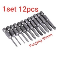Set 12 Pcs Mata Bor Obeng Hex Shank Magnetic Phillips Cross Obeng Bits PH00 PH0 PH1 PH2 50mm 1/4inch