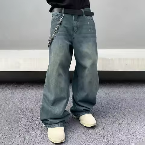 Men Work Denim Pants Loose Baggy Wide Straight Leg Multi Pocket Casual Denim Trouser Baggy Plus Size