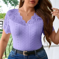 เสื้อยืดสีขาวเบา รูปแบบลูกไม้คอวี แขนลายไทย สำหรับผู้หญิงไซส์ใหญ่